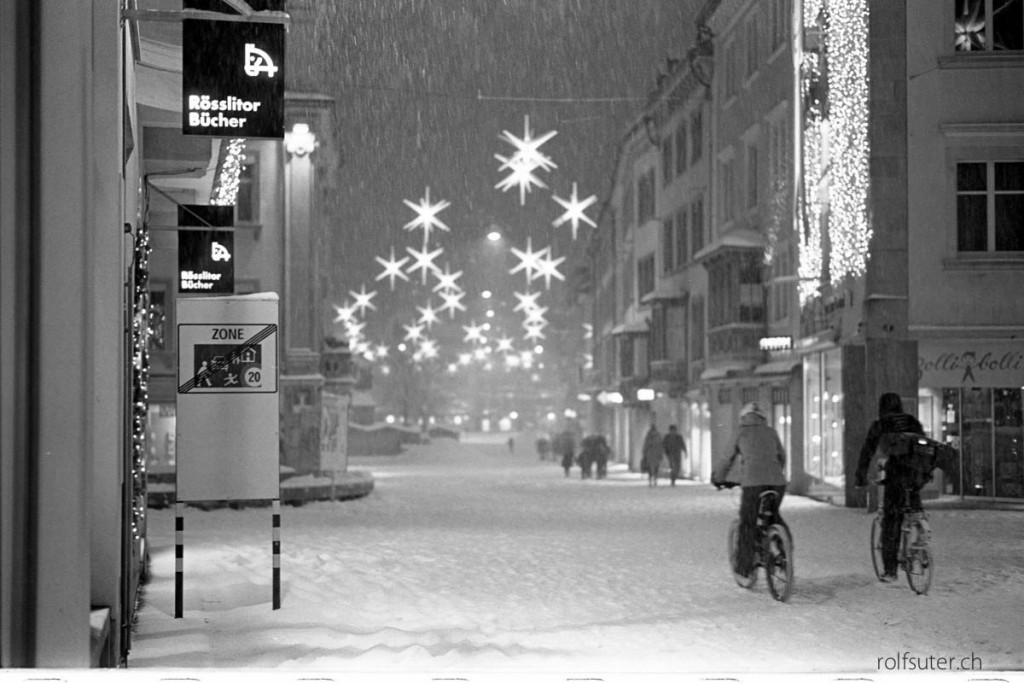 Cycling through the snow by night | St. Gallen