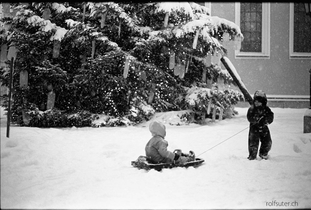 Two kids with a sled at the christmas tree in St. Gallen