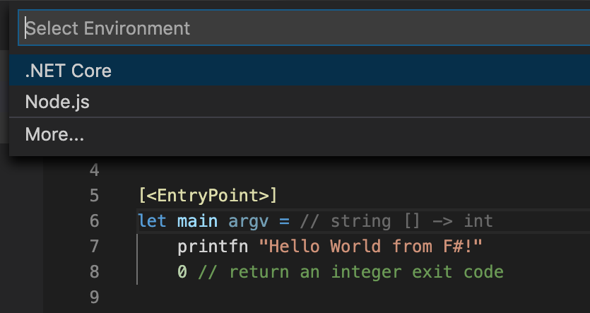 Initial setup for debugging: Press 'F5' and select '.NET Core'