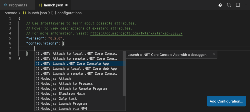 Insert configuration entry by pressing 'Ctrl' + 'Space Bar' '.NET: Launch .NET Core Console App'