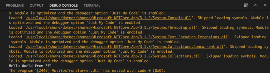 Console output of the app